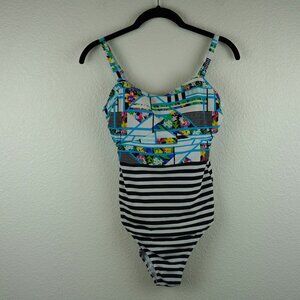 Figleaves 32E One-Piece Swimsuit  Stripe & Floral Print‎ Underwire Back Cutout